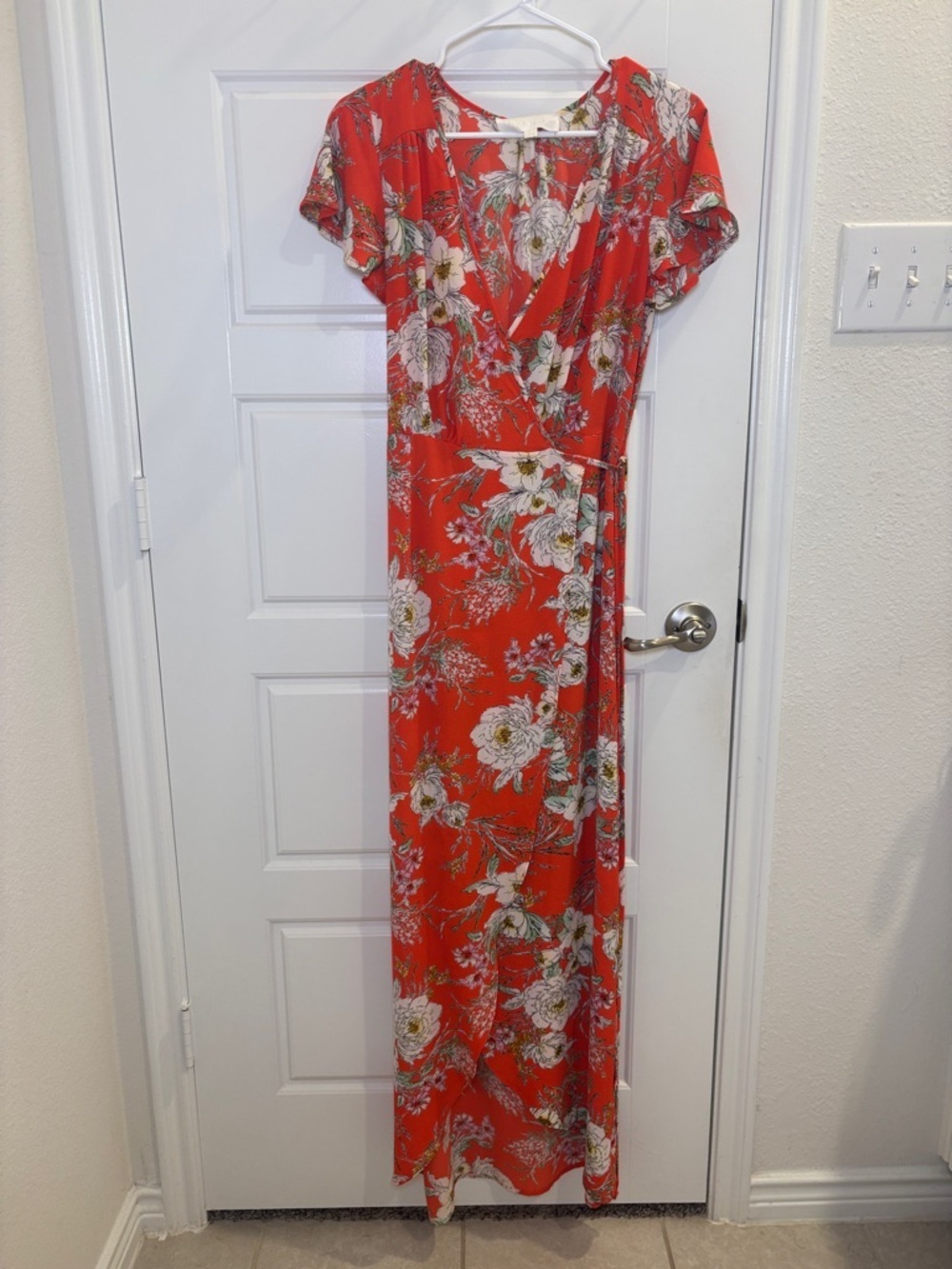 Superfoxx Floral Wrap Maxi Dress Coral Orange Short Sleeve Size Small